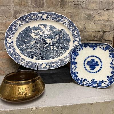 Sale Photo Thumbnail #286: Large blue and white oval stoneware platter, vintage Delft square plate with small fault, and amber and gold Bohemian bowl with wonderful bird motif