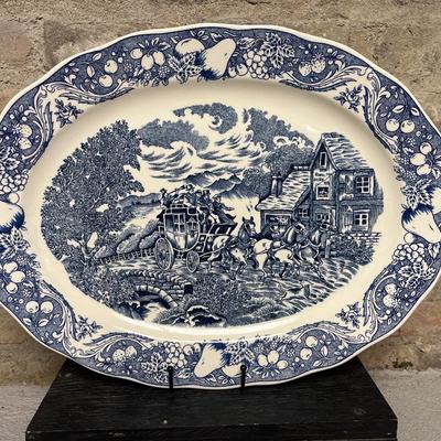 Sale Photo Thumbnail #287: Large blue and white oval stoneware platter, vintage Delft square plate with small fault, and amber and gold Bohemian bowl with wonderful bird motif