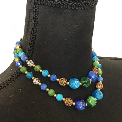 Beautiful, gorgeous colors, bead double strand statement, necklace faux glass but very beautiful colors