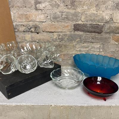 Sale Photo Thumbnail #296: Colonial Swirl punch bowl with base and 11 cups, turquoise footed fruit and ruby red 3-toed hobnail bowl