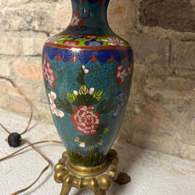 Sale Photo Thumbnail #7: Stunning! Functioning lamp with silk shade, and look at them feets! Finial does have some damage to the threads.