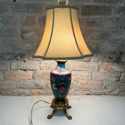 Sale Photo Thumbnail #1: Stunning! Functioning lamp with silk shade, and look at them feets! Finial does have some damage to the threads.
