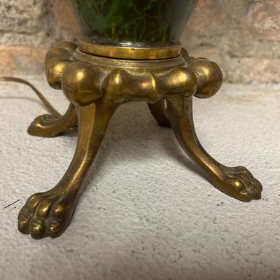 Sale Photo Thumbnail #6: Stunning! Functioning lamp with silk shade, and look at them feets! Finial does have some damage to the threads.