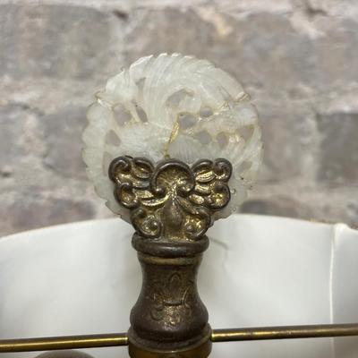 Sale Photo Thumbnail #3: Stunning! Functioning lamp with silk shade, and look at them feets! Finial does have some damage to the threads.