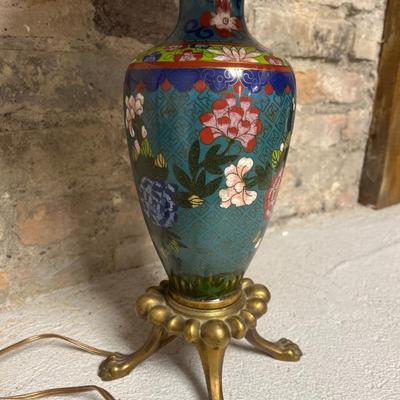 Sale Photo Thumbnail #8: Stunning! Functioning lamp with silk shade, and look at them feets! Finial does have some damage to the threads.