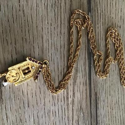 Vintage gold tone, necklace, chain, rhinestone cuckoo cuckoo, clock pendant, faux pearl