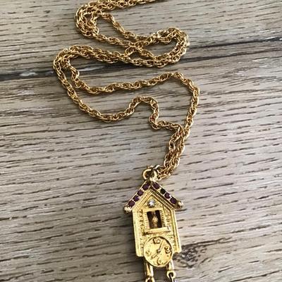 Vintage gold tone, necklace, chain, rhinestone cuckoo cuckoo, clock pendant, faux pearl