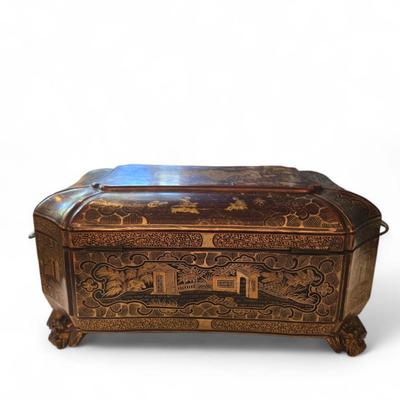 Sale Photo Thumbnail #92: Lovely lacquered sewing box with single drawer on dragon head feet. 
19th century Chinese lacquer sewing box from the Qing Dynasty. Decorated all over beautifully with intricate designs and images of ancient Chinese people and structures. No additional in