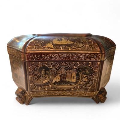 Sale Photo Thumbnail #95: Lovely lacquered sewing box with single drawer on dragon head feet. 
19th century Chinese lacquer sewing box from the Qing Dynasty. Decorated all over beautifully with intricate designs and images of ancient Chinese people and structures. No additional in