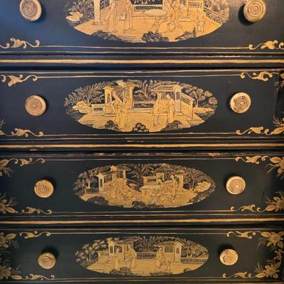 Sale Photo Thumbnail #105: Export small chest Chinois lacquer. two doors open to reveal 5 drawers with carvd button pulls.
some crackleture on top and back. 
15.75 x 8 x 14"