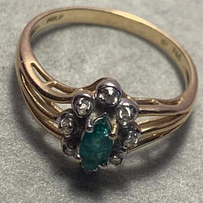 14k Fold Emerald & Diamond Estate Ring Size 6