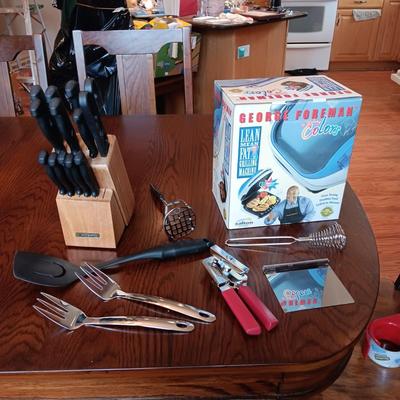 TRAMONTINA CUTLERY SET, NEW GEORGE FOREMAN GRILL AND SOME KITCHEN UTENSILS