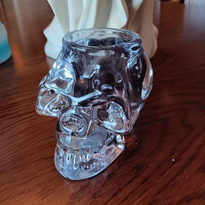 FRENCH PLEURANT WEEPER 18" TALL, GLASS OIL LAMP & GLASS SKULL CANDLE HOLDER