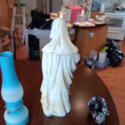 FRENCH PLEURANT WEEPER 18" TALL, GLASS OIL LAMP & GLASS SKULL CANDLE HOLDER