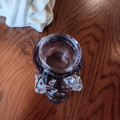 FRENCH PLEURANT WEEPER 18" TALL, GLASS OIL LAMP & GLASS SKULL CANDLE HOLDER