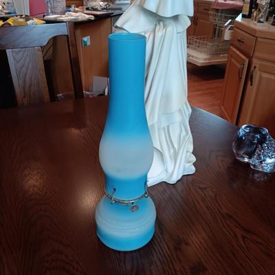FRENCH PLEURANT WEEPER 18" TALL, GLASS OIL LAMP & GLASS SKULL CANDLE HOLDER