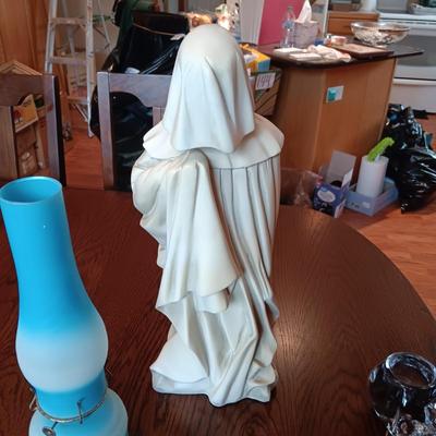 FRENCH PLEURANT WEEPER 18" TALL, GLASS OIL LAMP & GLASS SKULL CANDLE HOLDER