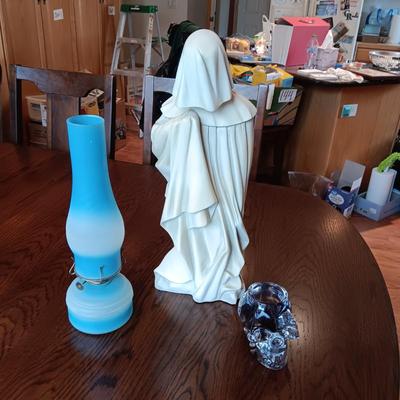 FRENCH PLEURANT WEEPER 18" TALL, GLASS OIL LAMP & GLASS SKULL CANDLE HOLDER