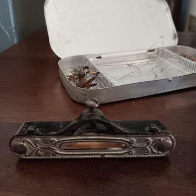 BRASS FROG HOSE SPIGOT, BOX OF FISHING FLIES, AN OLD LEVEL AND SMALL COPPER OIL CAN