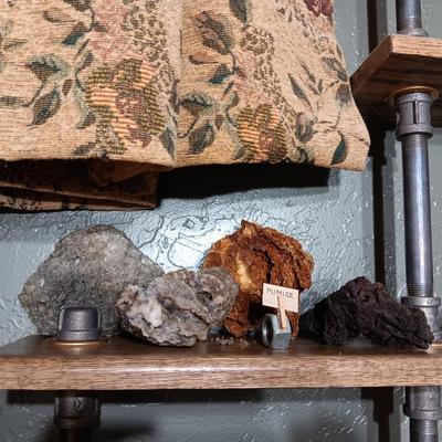 ROCKS FROM A COLLECTION LABELED FLUORITE AND PUMICE