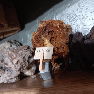 ROCKS FROM A COLLECTION LABELED FLUORITE AND PUMICE