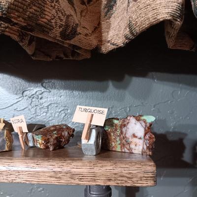 ROCKS FROM A COLLECTION LABELED SATIS SPECULO, SCORIA AND TURQUOISE