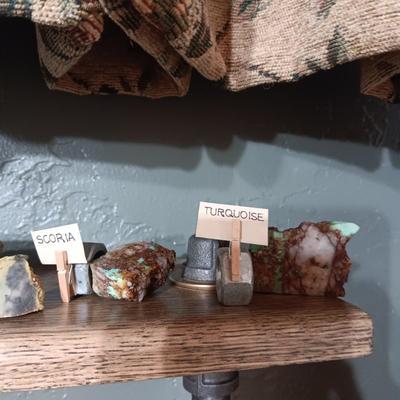 ROCKS FROM A COLLECTION LABELED SATIS SPECULO, SCORIA AND TURQUOISE