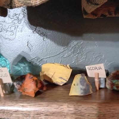 ROCKS FROM A COLLECTION LABELED SATIS SPECULO, SCORIA AND TURQUOISE