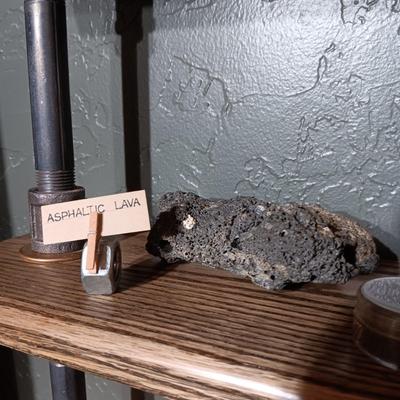 ROCKS FROM A COLLECTION LABELED ASPHALTIC LAVA, SILTSTONE, FOSSILS, MT ST HELENS ASH