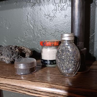 ROCKS FROM A COLLECTION LABELED ASPHALTIC LAVA, SILTSTONE, FOSSILS, MT ST HELENS ASH
