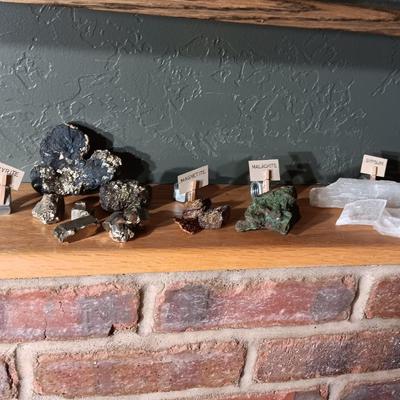 ROCKS FROM A COLLECTION LABELED GYPSUM, MALACHITE, MAGNETITE & PYRITE