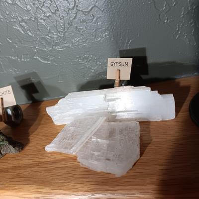 ROCKS FROM A COLLECTION LABELED GYPSUM, MALACHITE, MAGNETITE & PYRITE