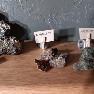 ROCKS FROM A COLLECTION LABELED GYPSUM, MALACHITE, MAGNETITE & PYRITE