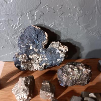 ROCKS FROM A COLLECTION LABELED GYPSUM, MALACHITE, MAGNETITE & PYRITE