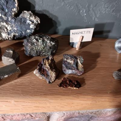 ROCKS FROM A COLLECTION LABELED GYPSUM, MALACHITE, MAGNETITE & PYRITE