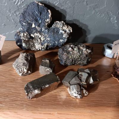 ROCKS FROM A COLLECTION LABELED GYPSUM, MALACHITE, MAGNETITE & PYRITE