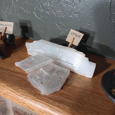 ROCKS FROM A COLLECTION LABELED GYPSUM, MALACHITE, MAGNETITE & PYRITE