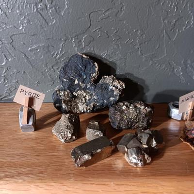 ROCKS FROM A COLLECTION LABELED GYPSUM, MALACHITE, MAGNETITE & PYRITE