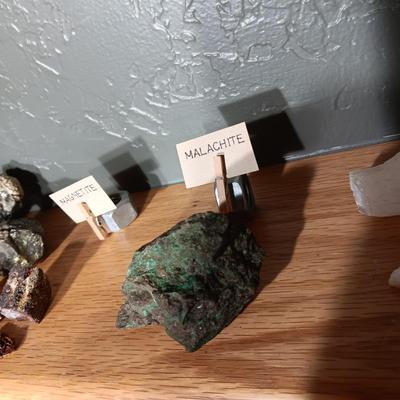 ROCKS FROM A COLLECTION LABELED GYPSUM, MALACHITE, MAGNETITE & PYRITE