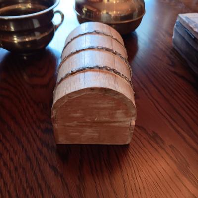 WOODEN BIBLE BOX AND SMALL WOOD TRUNK LIKE BOX PLUS BRASS SPITTOON AND PLANTER