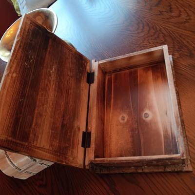 WOODEN BIBLE BOX AND SMALL WOOD TRUNK LIKE BOX PLUS BRASS SPITTOON AND PLANTER