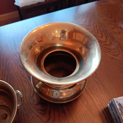 WOODEN BIBLE BOX AND SMALL WOOD TRUNK LIKE BOX PLUS BRASS SPITTOON AND PLANTER
