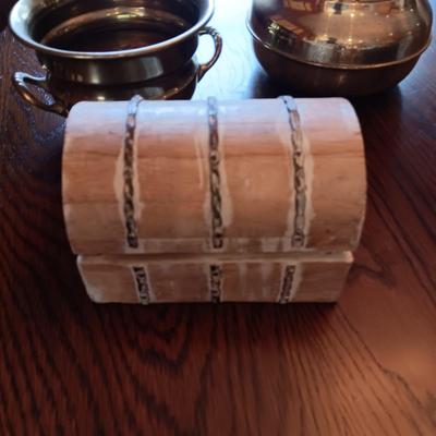 WOODEN BIBLE BOX AND SMALL WOOD TRUNK LIKE BOX PLUS BRASS SPITTOON AND PLANTER