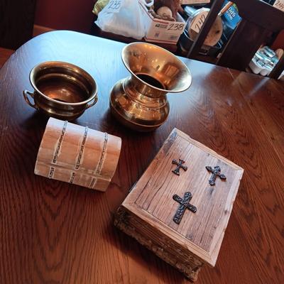 WOODEN BIBLE BOX AND SMALL WOOD TRUNK LIKE BOX PLUS BRASS SPITTOON AND PLANTER