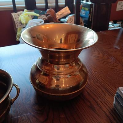 WOODEN BIBLE BOX AND SMALL WOOD TRUNK LIKE BOX PLUS BRASS SPITTOON AND PLANTER