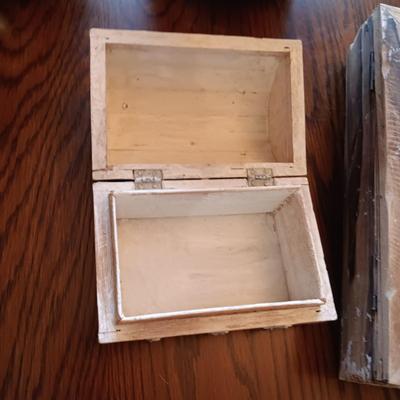 WOODEN BIBLE BOX AND SMALL WOOD TRUNK LIKE BOX PLUS BRASS SPITTOON AND PLANTER