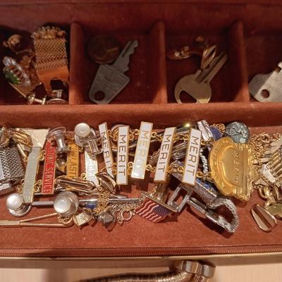 WORKING ADMIRATION 17 JEWEL WATCH, FOREIGN COINS, MISC JEWELRY/MEDALS AND BUMPER STICKERS