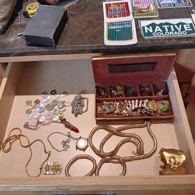 WORKING ADMIRATION 17 JEWEL WATCH, FOREIGN COINS, MISC JEWELRY/MEDALS AND BUMPER STICKERS