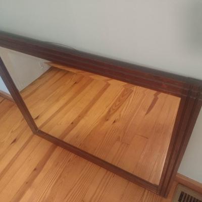 Vintage Wood Framed Beveled Glass Wall Mirror