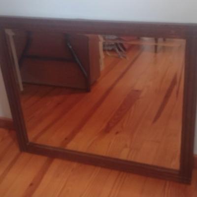 Vintage Wood Framed Beveled Glass Wall Mirror